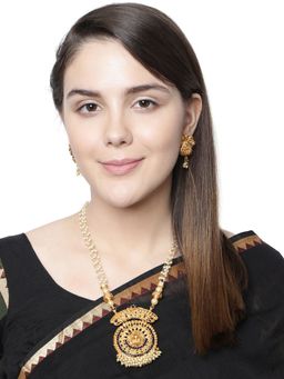 Anika's Creations - Antique Matte Gold Finish Goddess Laxmi Blue Stone Studded Temple Jewellery Set