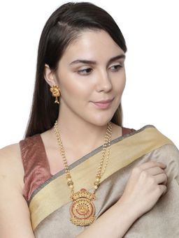 Anika's Creations - Antique Matte Gold Finish Goddess Laxmi Pink Stone Studded Temple Jewellery Set