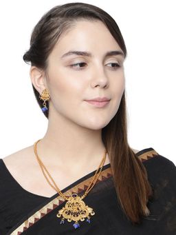 Anika's Creations - Antique Matte Gold Finish Blue Stone Studded Temple Jewellery Set
