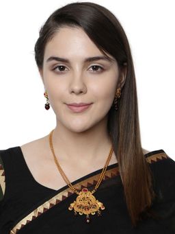 Anika's Creations - Antique Matte Gold Finish Green Stone Studded Temple Jewellery Set