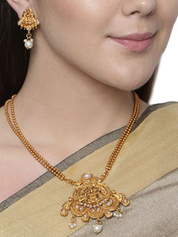 Anika's Creations - Antique Matte Gold Finish White Stone Studded Temple Jewellery Set