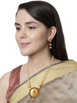 Anika's Creations - Antique Matte Gold Finish Goddess Laxmi Black Stone Studded Temple Jewellery Set