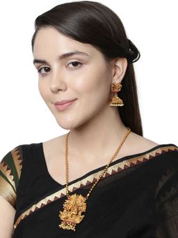 Anika's Creations - Antique Matte Gold Finish Green Stone Studded Temple Jewellery Set