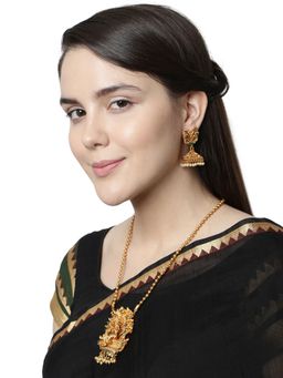 Anika's Creations - Antique Matte Gold Finish Green Stone Studded Temple Jewellery Set