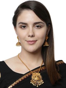 Anika's Creations - Antique Matte Gold Finish Goddess Laxmi Blue Stone Studded Temple Jewellery Set