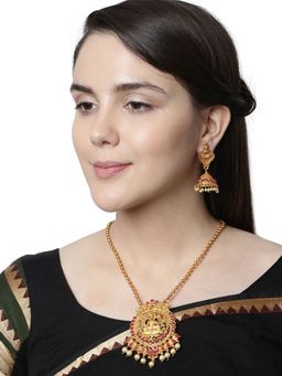 Anika's Creations - Antique Matte Gold Finish Goddess Laxmi Pink Stone Studded Temple Jewellery Set