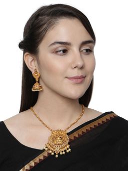 Anika's Creations - Antique Matte Gold Finish Goddess Laxmi White Stone Studded Temple Jewellery Set