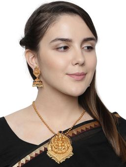 Anika's Creations - Antique Matte Gold Finish Blue Stone Studded Temple Jewellery Set