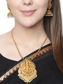 Anika's Creations - Antique Matte Gold Finish Green Stone Studded Temple Jewellery Set