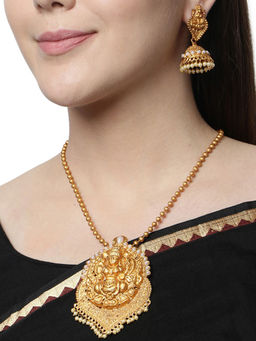 Anika's Creations - Antique Matte Gold Finish Goddess Laxmi Blue Stone Studded Temple Jewellery Set