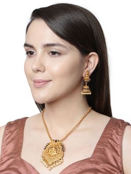 Anika's Creations - Antique Matte Gold Finish Blue Stone Studded Temple Jewellery Set