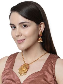 Anika's Creations - Antique Matte Gold Finish Goddess Laxmi Pink Stone Studded Temple Jewellery Set
