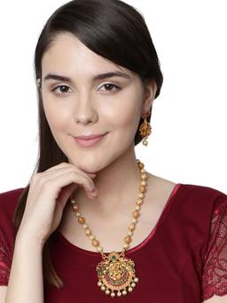 Anika's Creations - Gold Plated Maa Laxmi Stone Studded Necklace with Earrings for Women