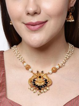 Anika's Creations - Gold Plated Maa Laxmi Black Stone Studded Necklace with Earrings for Women