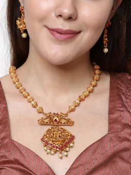Anika's Creations - Gold Plated Maa Laxmi Stone Studded Necklace with Earrings for Women