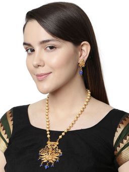 Anika's Creations - Antique Matte Gold Finish Blue Stone Studded Temple Jewellery Set