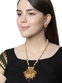 Anika's Creations - Antique Matte Gold Finish Green Stone Studded Temple Jewellery Set