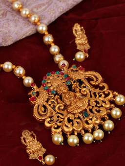 Anika's Creations - Antique Matte Gold Finish Stone Studded Temple Jewellery Set