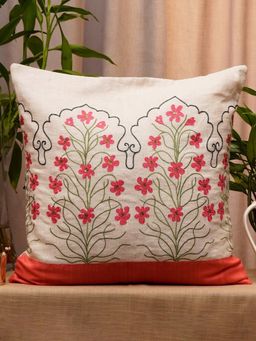 Zeba World - Beige Floral Embroidered & Patchwork Linen Cushion Cover (20 x 20 Inches)