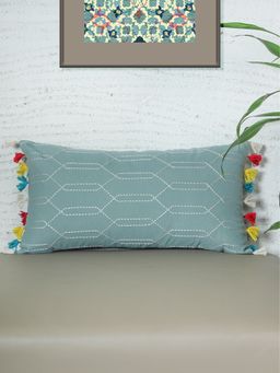 Zeba World - Blue Hand Embroidered with Tassels Cotton Blend Pillow Cover (12 x 22 Inches)