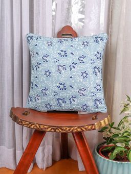 Zeba World - Blue Block Printed & Hand Embroidered Cotton Cushion Cover (16 x 16 Inches)