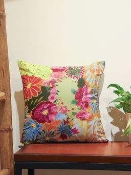 Zeba World - Multi-Color Floral Hand Painted Linen Cushion Cover (16 x 16 Inches)