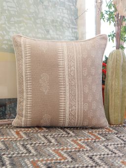 Zeba World - Brown Block Printed with Piped Edges Cotton Cushion Cover (16 x 16 Inches)