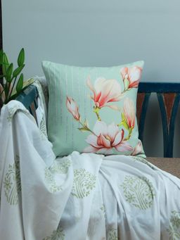 Zeba World - Green Floral Printed & Embroidered Cushion Cover (16 x 16 Inches)