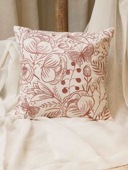 Zeba World - Beige Floral Embroidered Cotton Cushion Cover (18 x 18 Inches)