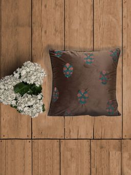 Zeba World - Brown Floral Embroidered Velvet Cushion Cover (20 x 20 Inches)