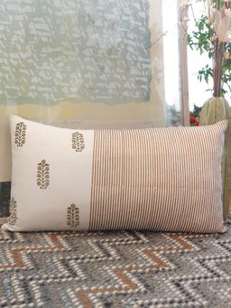 Zeba World - Beige Motif Block Printed Striped Cotton Pillow Cover (12 x 22 Inches)