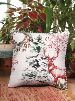 Zeba World - White Embroidered & Printed Cotton Blend Cushion Cover (16 x 16 Inches)