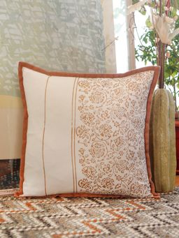 Zeba World - Beige Block Printed Flange Border Cotton Cushion Cover (16 x 16 Inches)