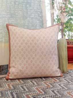 Zeba World - Cream Beige Block Printed Flange Border Linen Cushion Cover (20 x 20 Inches)