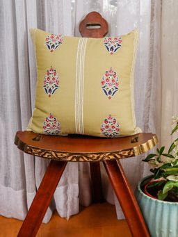 Zeba World - Yellow Block Printed & Hand Embroidered Cotton Cushion Cover (16 x 16 Inches)