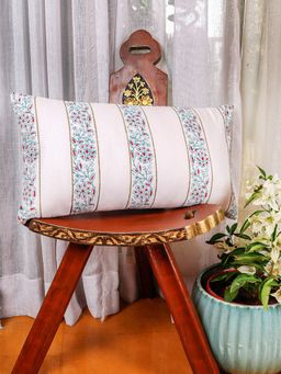 Zeba World - White Block Printed & Hand Embroidered Cotton Pillow Cover (12 x 22 Inches)
