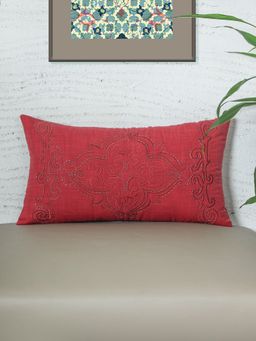 Zeba World - Red Hand Embroidered Chawal Taka Cotton Blend Pillow Cover (12 x 22 Inches)