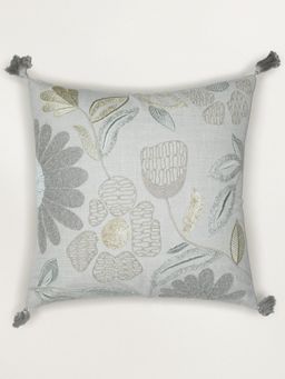 Zeba World - Grey Floral Hand Embroidered Polycotton Cushion Cover (16 x 16 Inches)