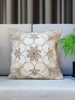 Zeba World - Cream Hand Crafted Cord Work Polycotton Cushion Cover (16 x 16 Inches)
