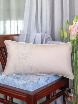 Zeba World - Beige Floral Hand Embroidered Linen Pillow Cover (12 x 22 Inches)