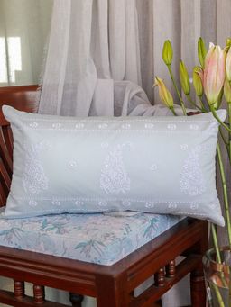 Zeba World - Blue Floral Hand Embroidered Cotton Pillow Cover (12 x 22 Inches)
