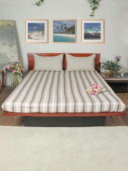 Zeba World - Beige Striped Printed Cotton Blend Bed Cover with 2 Pillow Covers (Queen)