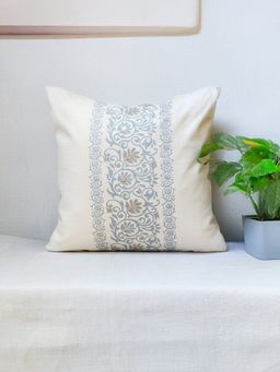 Zeba World - Off White Floral Printed & Hand Work Cushion Cover (16 x 16 Inches)