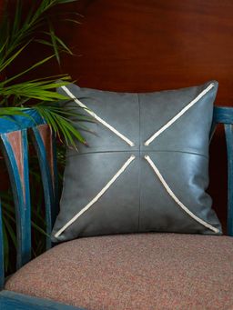 Zeba World - Grey Patchwork with Cord Detailing Leather Cushion Cover (16 x 16 Inches)