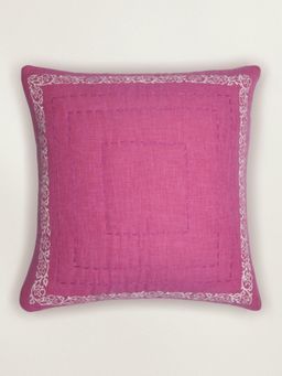 Zeba World - Pink Hand Embroidered & Block Printed Cotton Cushion Cover (16 x 16 Inches)
