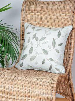 Zeba World - Off White Mint Hand Embroidered Leave Polycotton Cushion Cover (16 x 16 Inches)