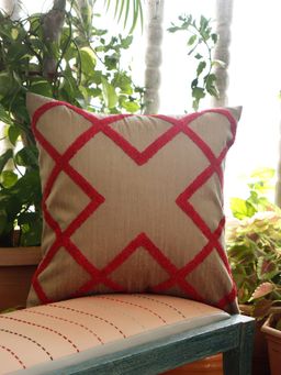 Zeba World - Brown & Red Bohemian Embroidered Polycotton Cushion Cover (16 x 16 Inches)