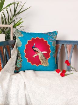 Zeba World - Blue & Pink Hand Embroidered & Printed Velvet Cushion Cover (16 x 16 Inches)