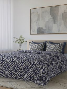 SANSAAR A D'DECOR BRAND LIVE CONSCIOUSLY - Inlay Indigo Blue Bedsheet with 2 Pillow Covers (King)