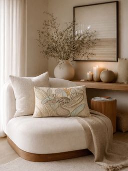 BELIHODE - Beige Azure Drift Hand Embroidered Pillow Cover (12 x 18 Inches)